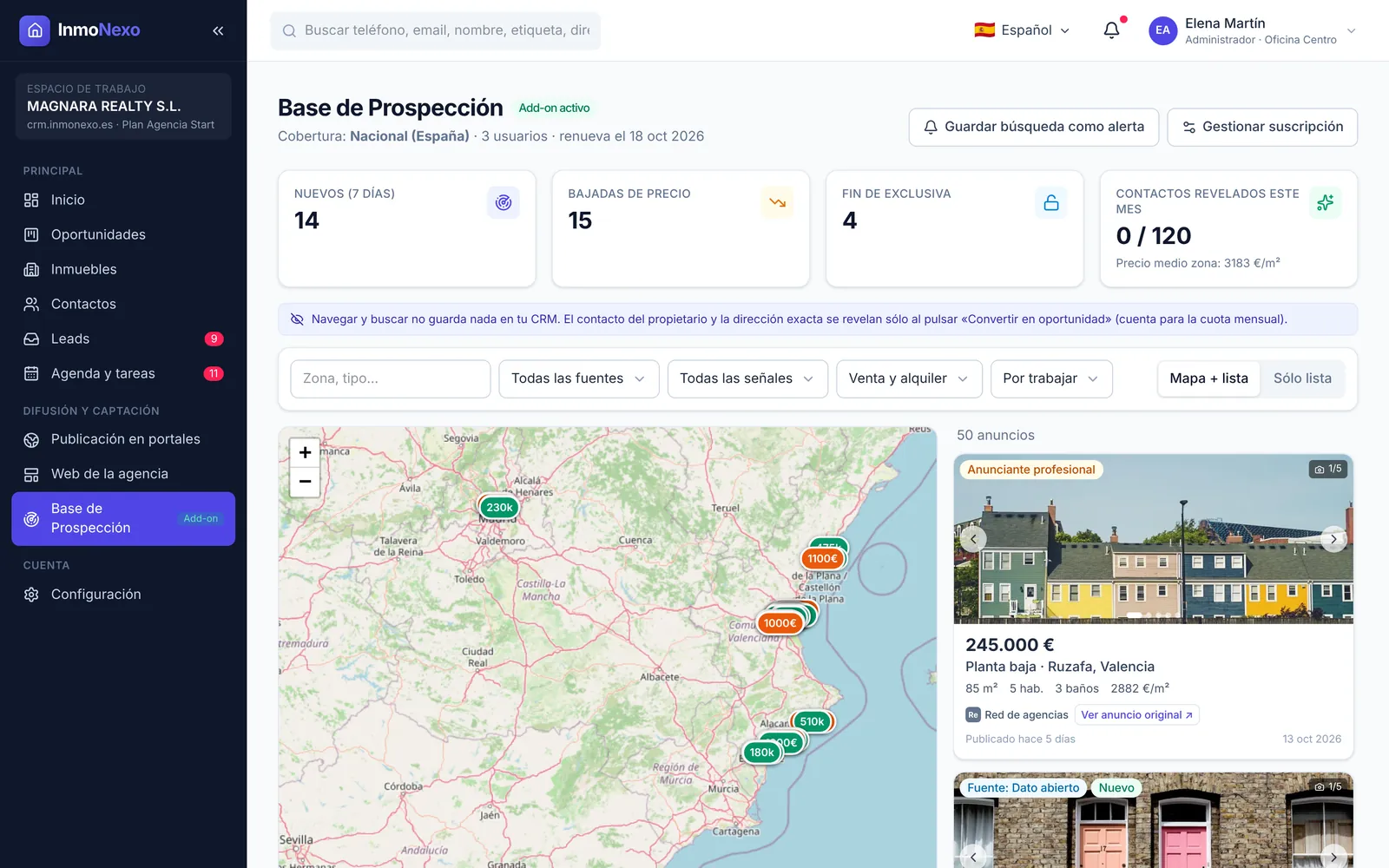 Base de Prospección de InmoNexo con mapa de anuncios y tarjetas de particulares